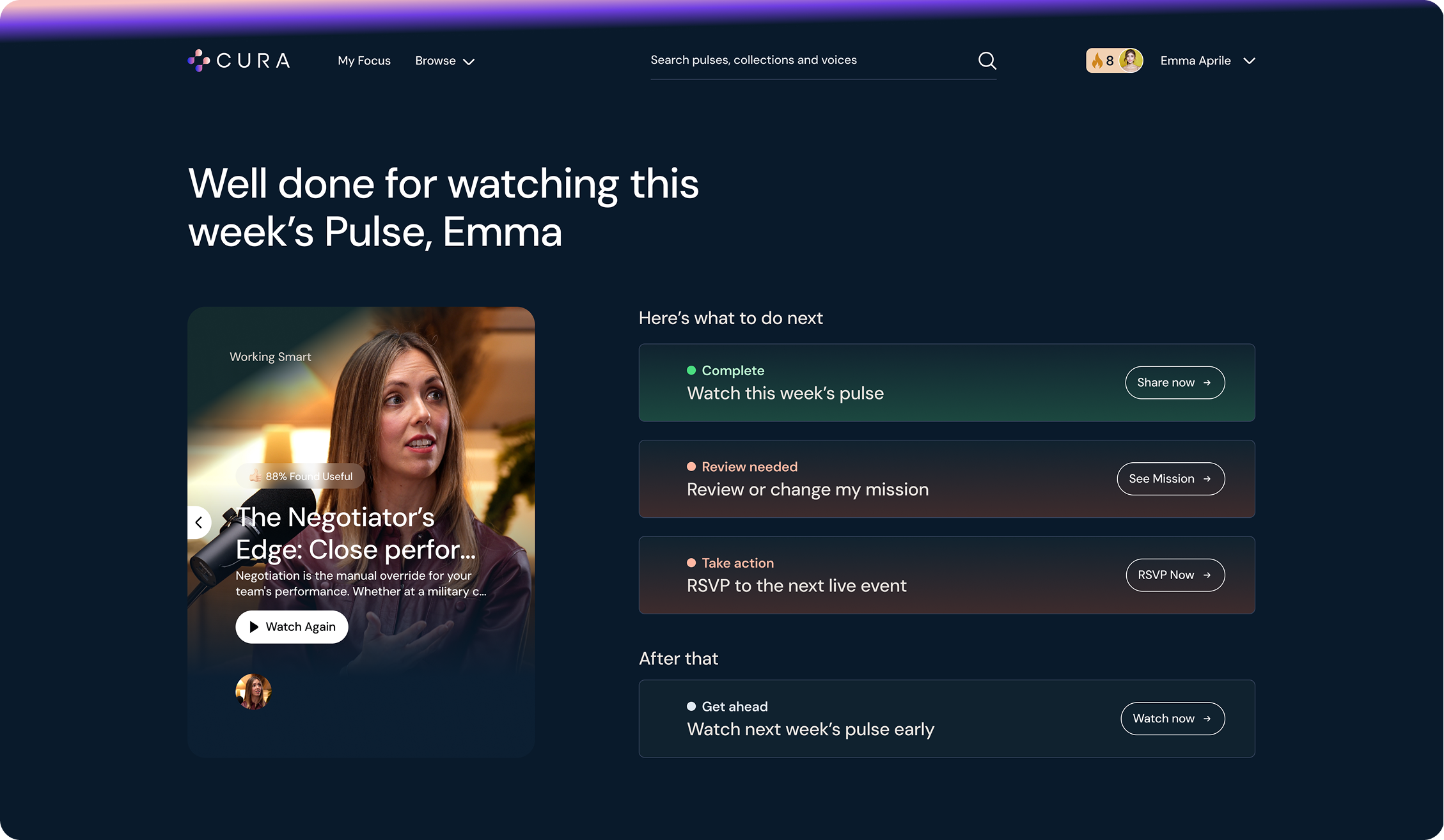 CURA dashboard, weekly pulse